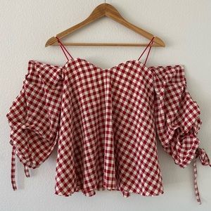 Miou Muse Red Gingham Off-the-Shoulder, Ruffled Sleeved Top